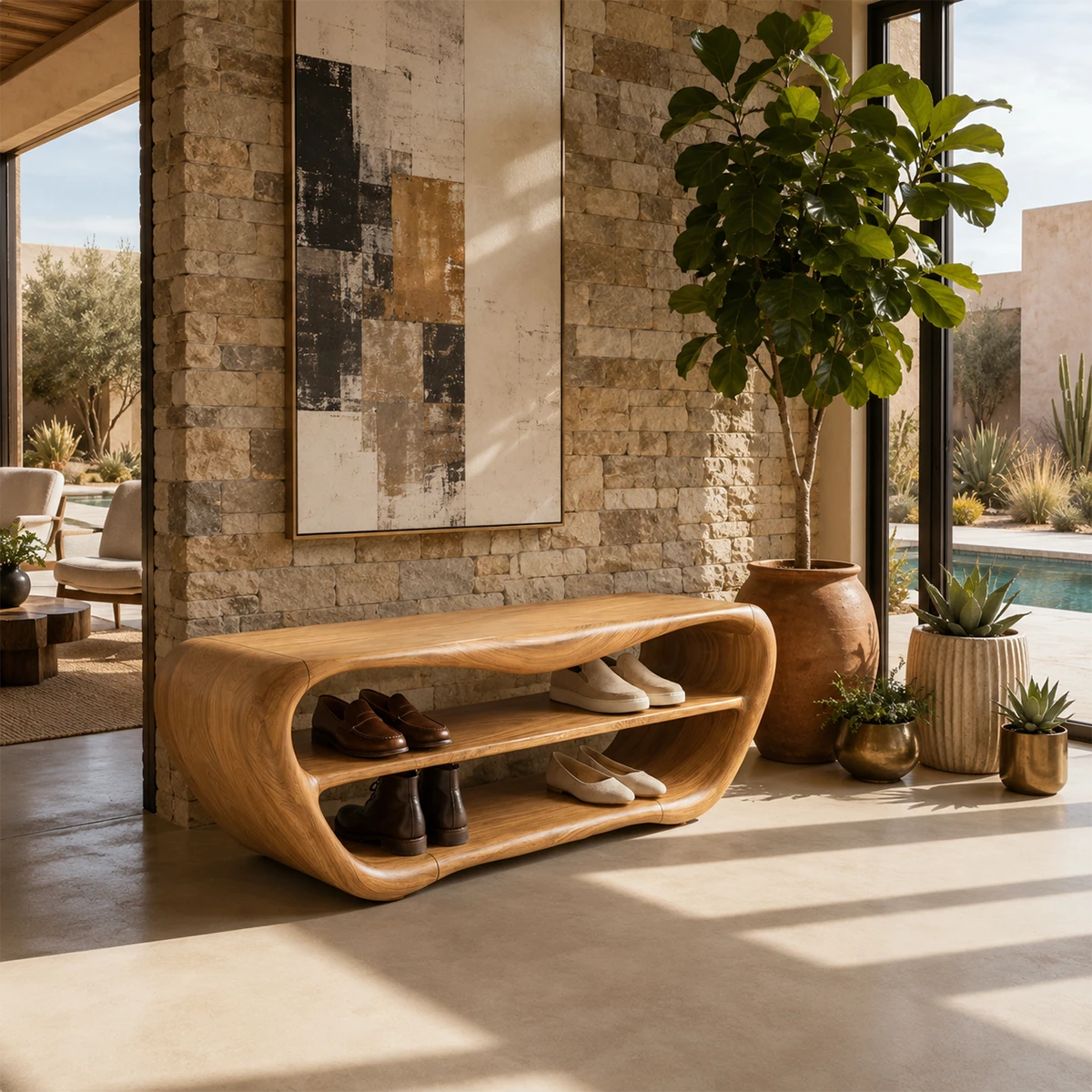 Luxury foyer bench with a dark wood finish and rounded frame for modern home organization