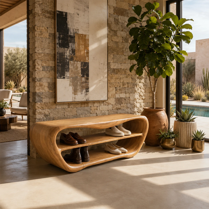 Luxury foyer bench with a dark wood finish and rounded frame for modern home organization