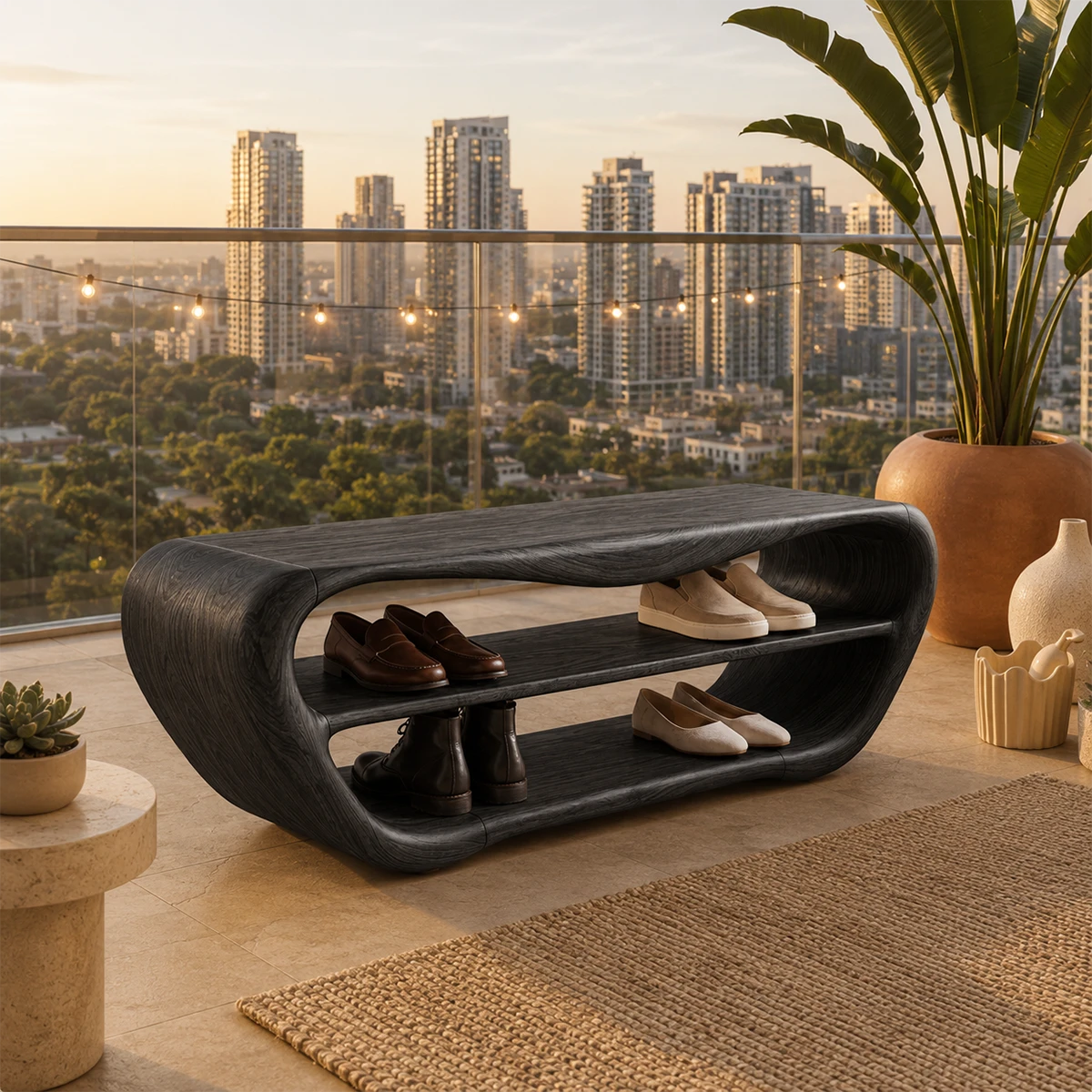 Contemporary storage bench keeps shoes neatly arranged in a sculptural silhouette