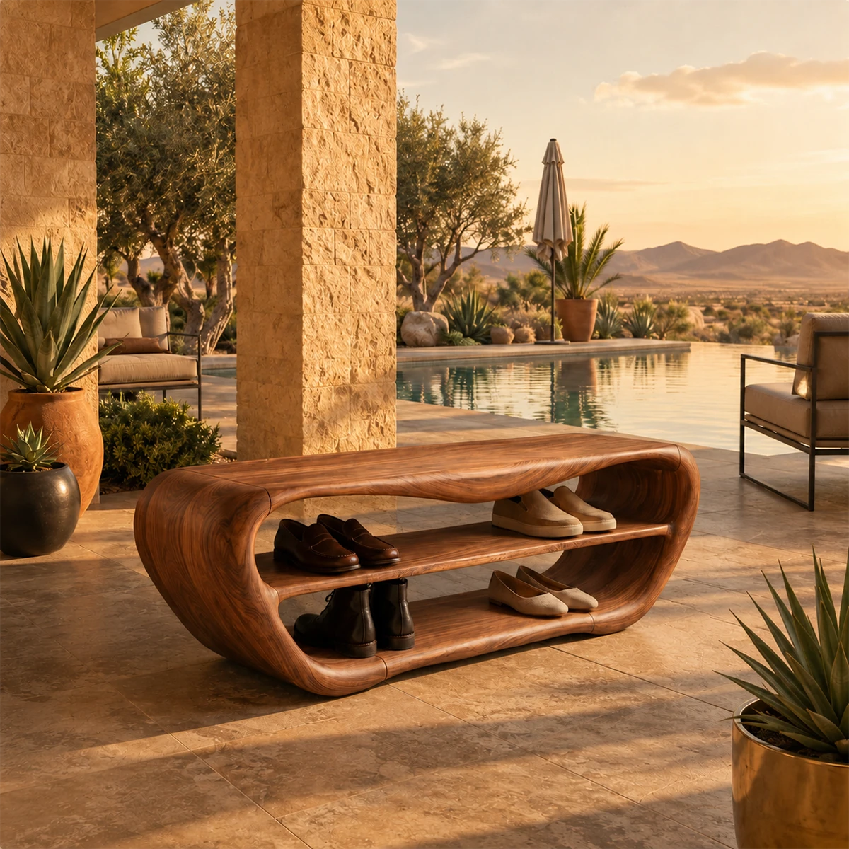 Space saving shoe bench with organic lines enhances a warm neutral entryway setting