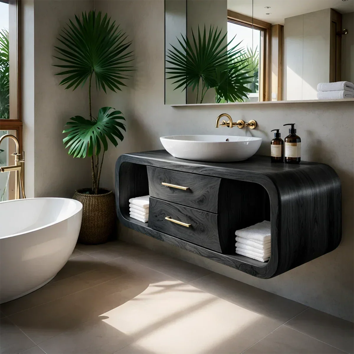 Organic Curved Natural Solid Wood Floating Bathroom Vanity With Storage Drawers - Arboriswood - 10