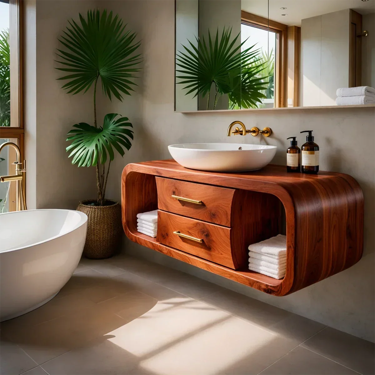Organic Curved Natural Solid Wood Floating Bathroom Vanity With Storage Drawers - Arboriswood - 8