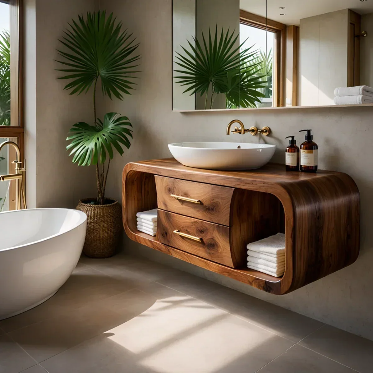 Organic Curved Natural Solid Wood Floating Bathroom Vanity With Storage Drawers - Arboriswood - 9