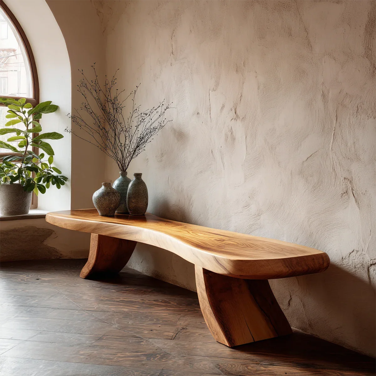 Organic curved bench featuring flowing slab seat design and smooth oak tone finish entryway seating