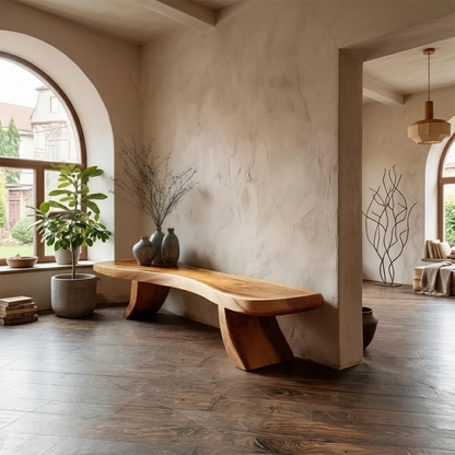 Modern hallway bench showcasing sculpted slab structure and refined oak tone finish detail