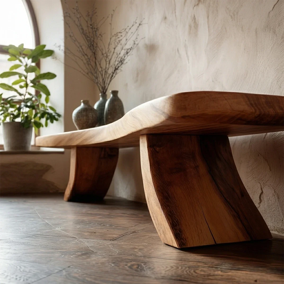Elegant entryway bench designed with natural flowing form and warm oak tone finish