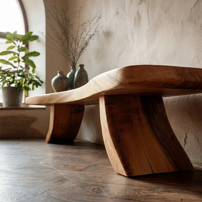 Elegant entryway bench designed with natural flowing form and warm oak tone finish