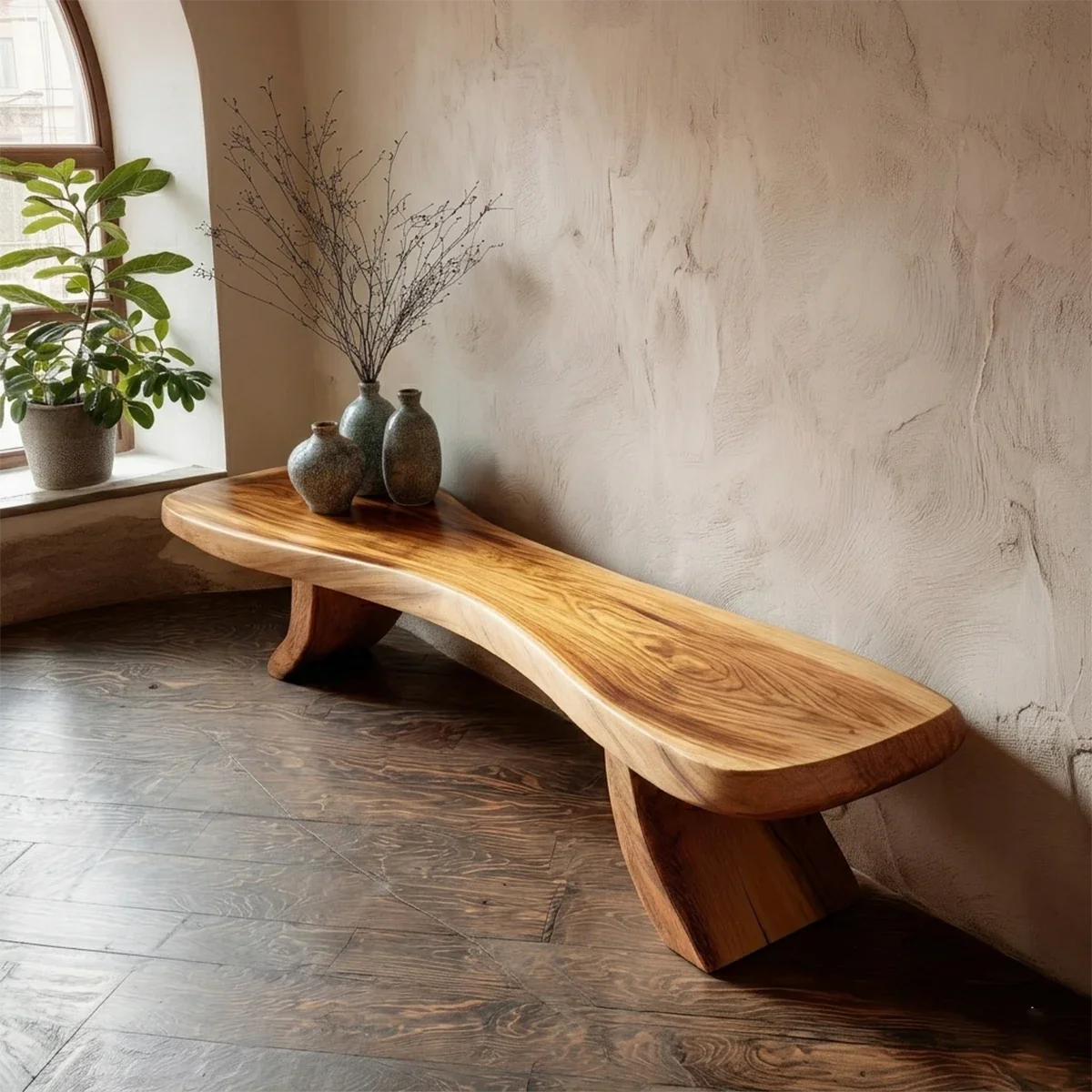 Contemporary seating bench displaying curved slab profile and polished oak tone finish