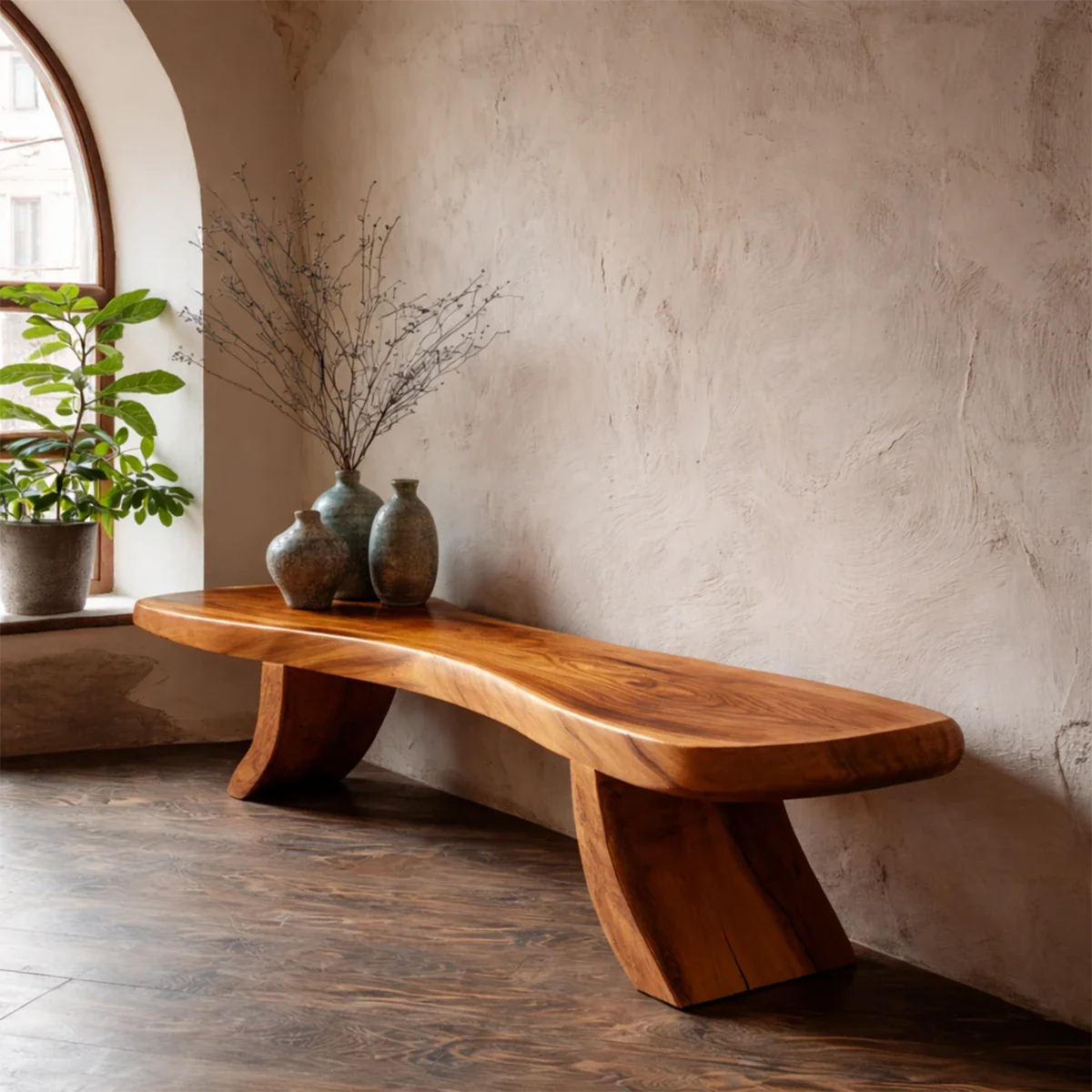 Minimalist hallway bench featuring elongated organic seat and smooth brown tone finish