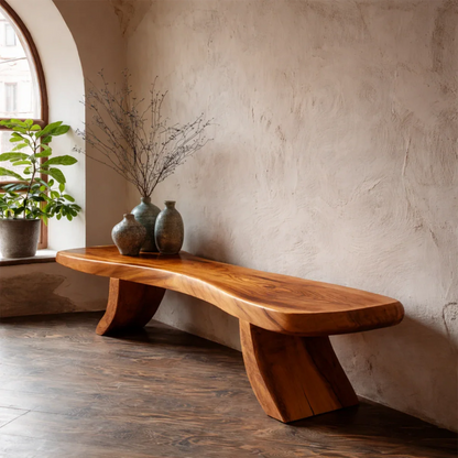Minimalist hallway bench featuring elongated organic seat and smooth brown tone finish