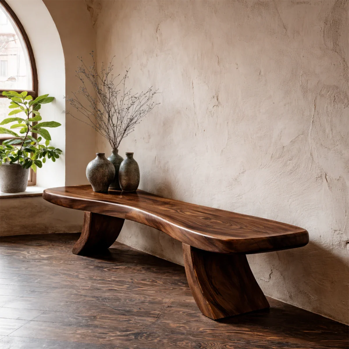 Japandi style entry bench showcasing sculptural slab base and refined walnut tone finish