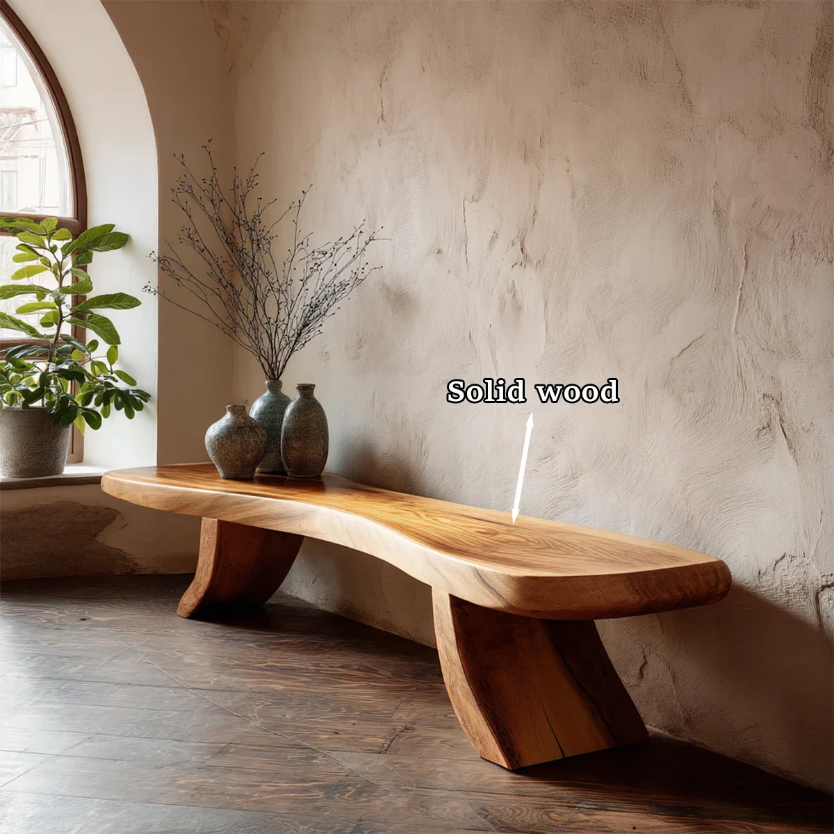 Decorative modern bench featuring organic slab styling and polished oak tone finish
