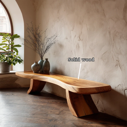 Decorative modern bench featuring organic slab styling and polished oak tone finish