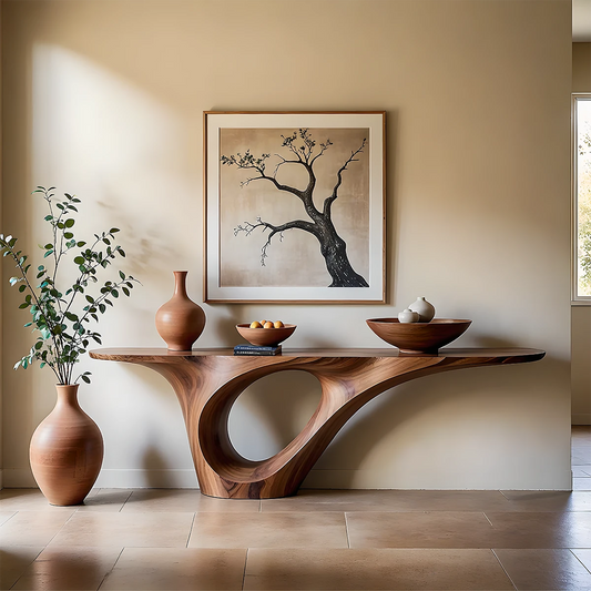 Organic curved console table with loop base crafted from solid wood in a calm modern entryway