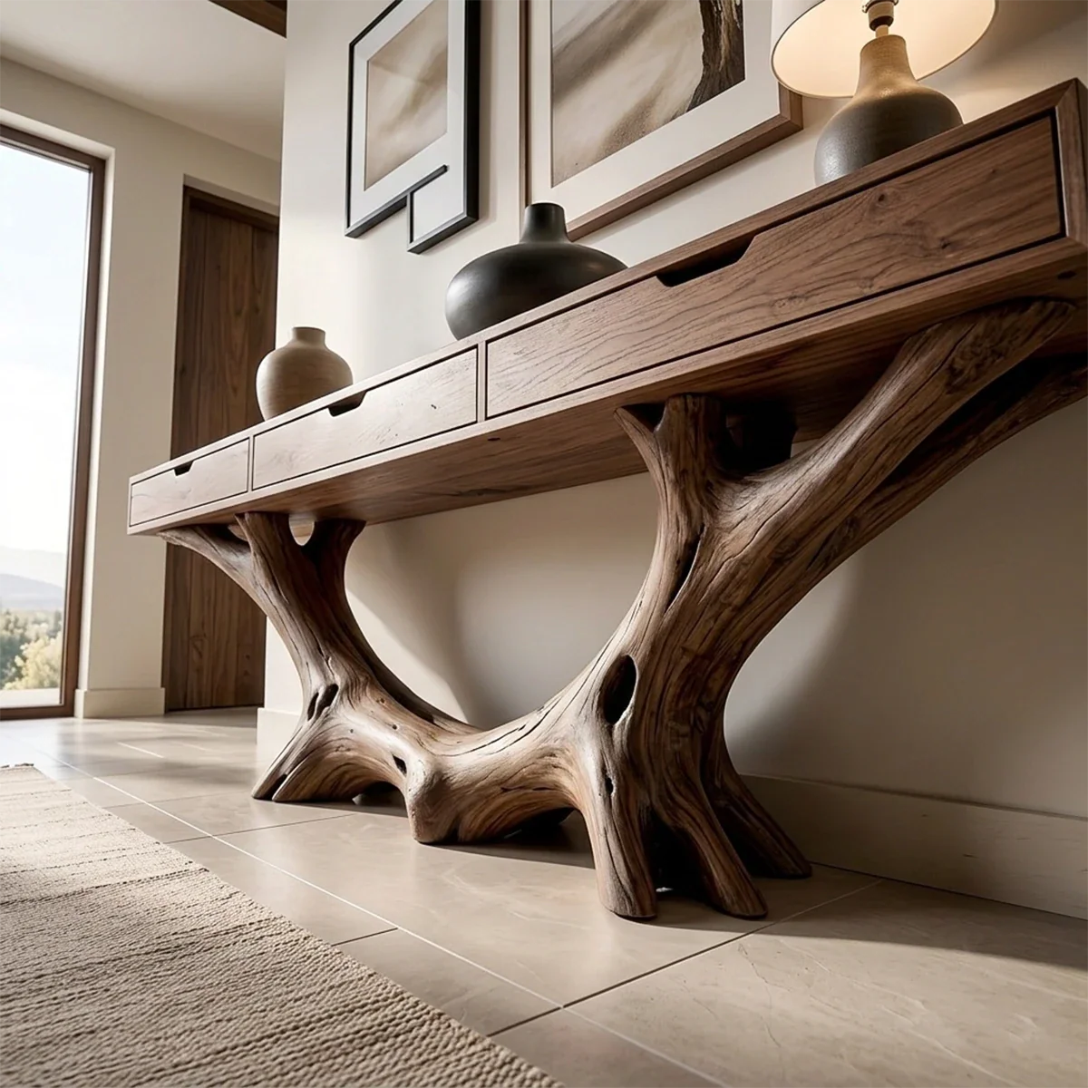 Organic Driftwood Style Console Table in Natural Solid Wood with Drawers - ArborisWood - 5