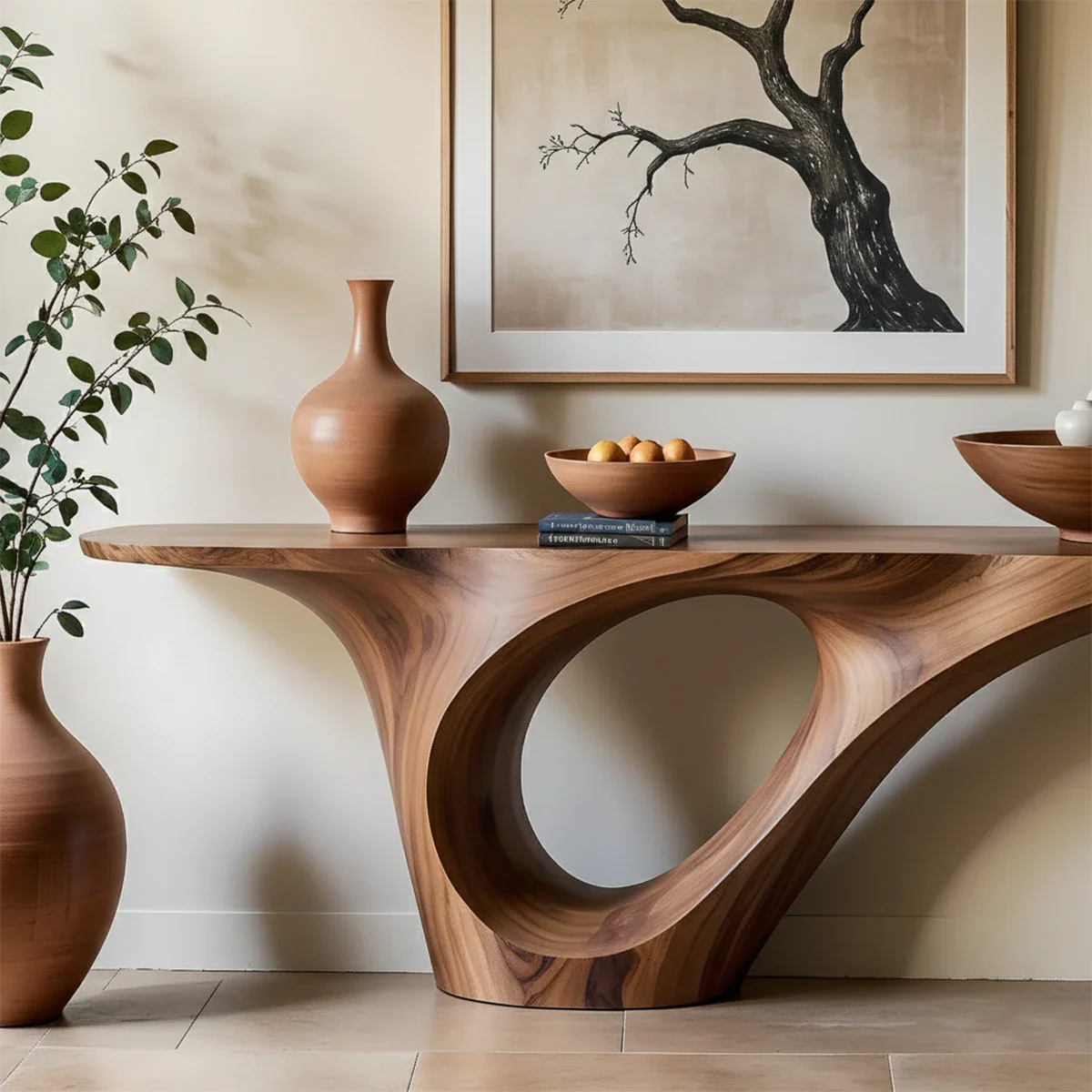 Organic Flow Console Table in Natural Solid Wood with Sculptural Loop Base - ArborisWood - 3