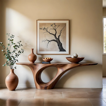 Organic Flow Console Table in Natural Solid Wood with Sculptural Loop Base - ArborisWood