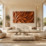 Abstract wall art with flowing carved forms adds depth to a refined modern living room