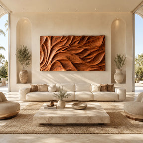 Abstract wall art with flowing carved forms adds depth to a refined modern living room