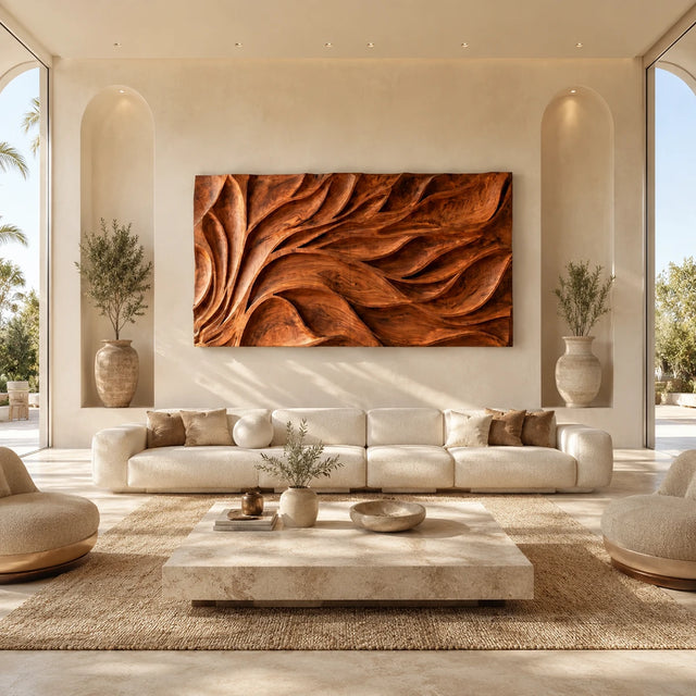 Abstract wall art with flowing carved forms adds depth to a refined modern living room