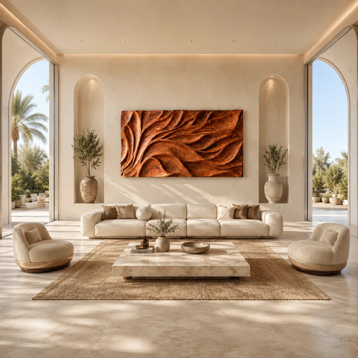 Large sculptural wall panel with layered relief brings movement above a contemporary sofa