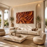 Textured wall decor with sweeping carved contours creates a bold focal point indoors
