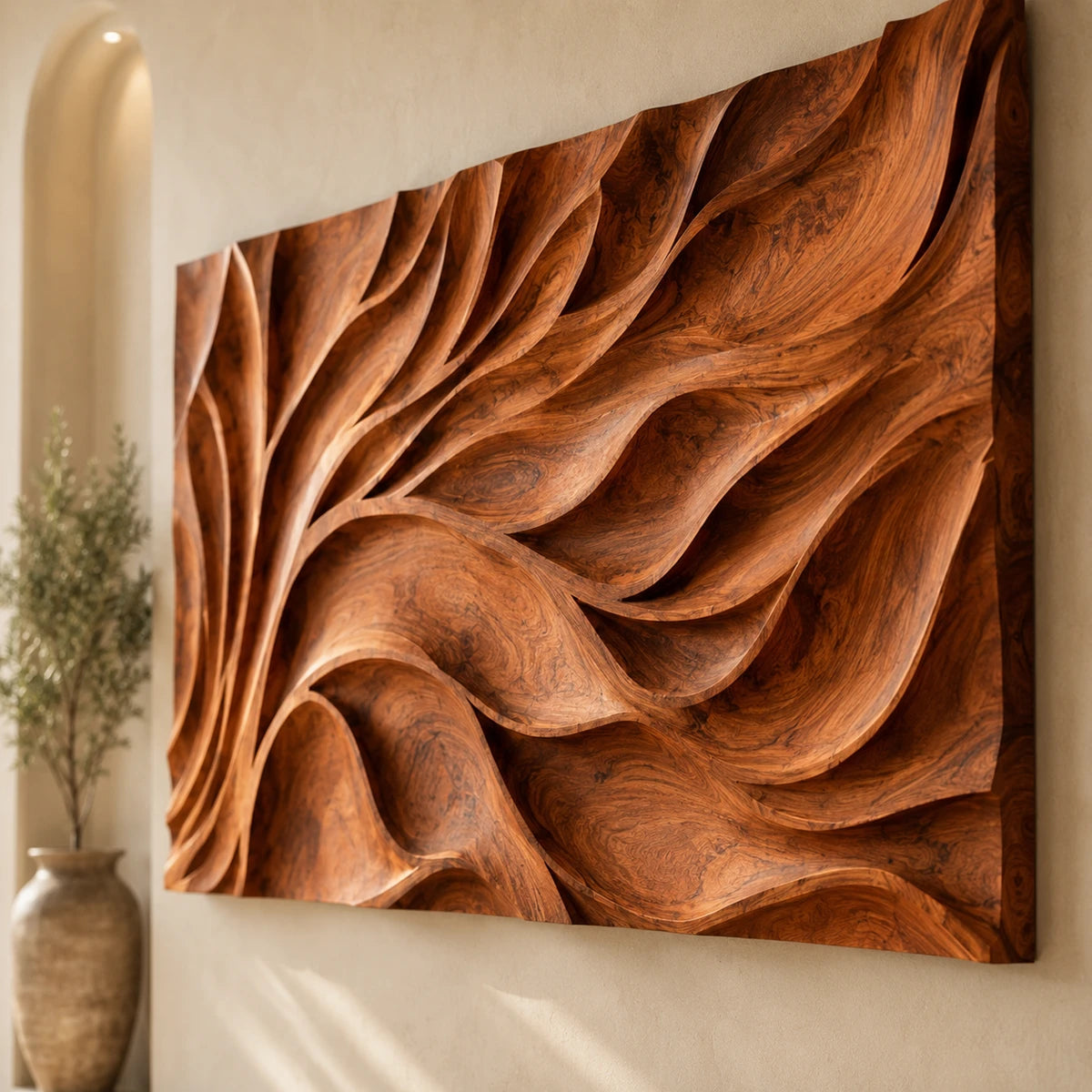 Natural solid wood wall art with organic relief adds warmth to an elegant interior