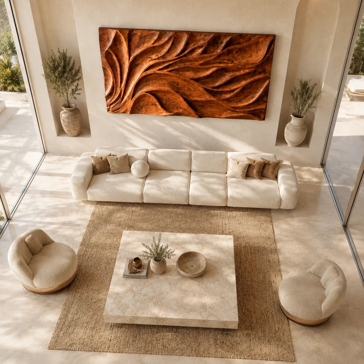 Mounted above seating, this carved wall sculpture brings rhythm to a spacious lounge