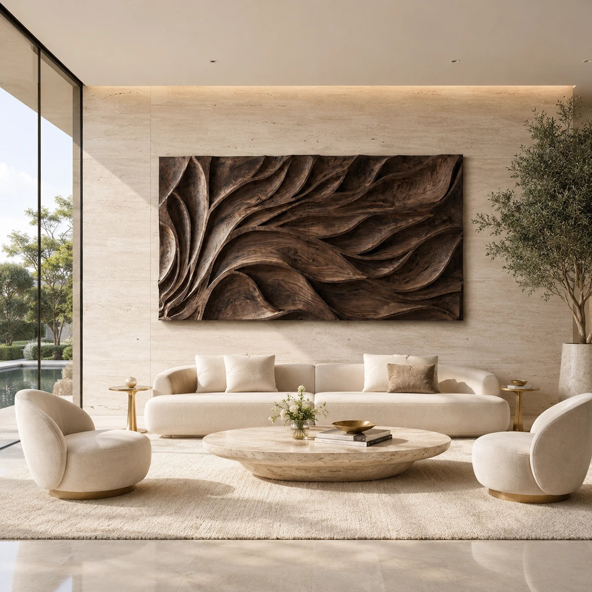 Statement wall panel with sculpted curves introduces dimension to a calm modern room