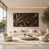 Statement wall panel with sculpted curves introduces dimension to a calm modern room