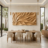 Flowing relief wall art with layered forms creates visual interest in open living spaces