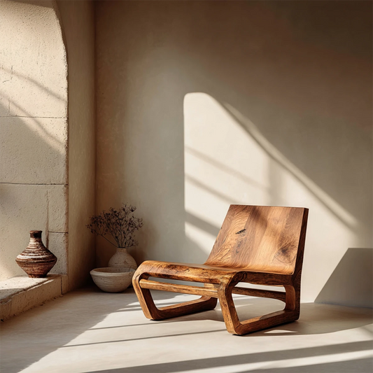 A sculptural lounge chair with low seating and curved wooden frame enhances modern interiors