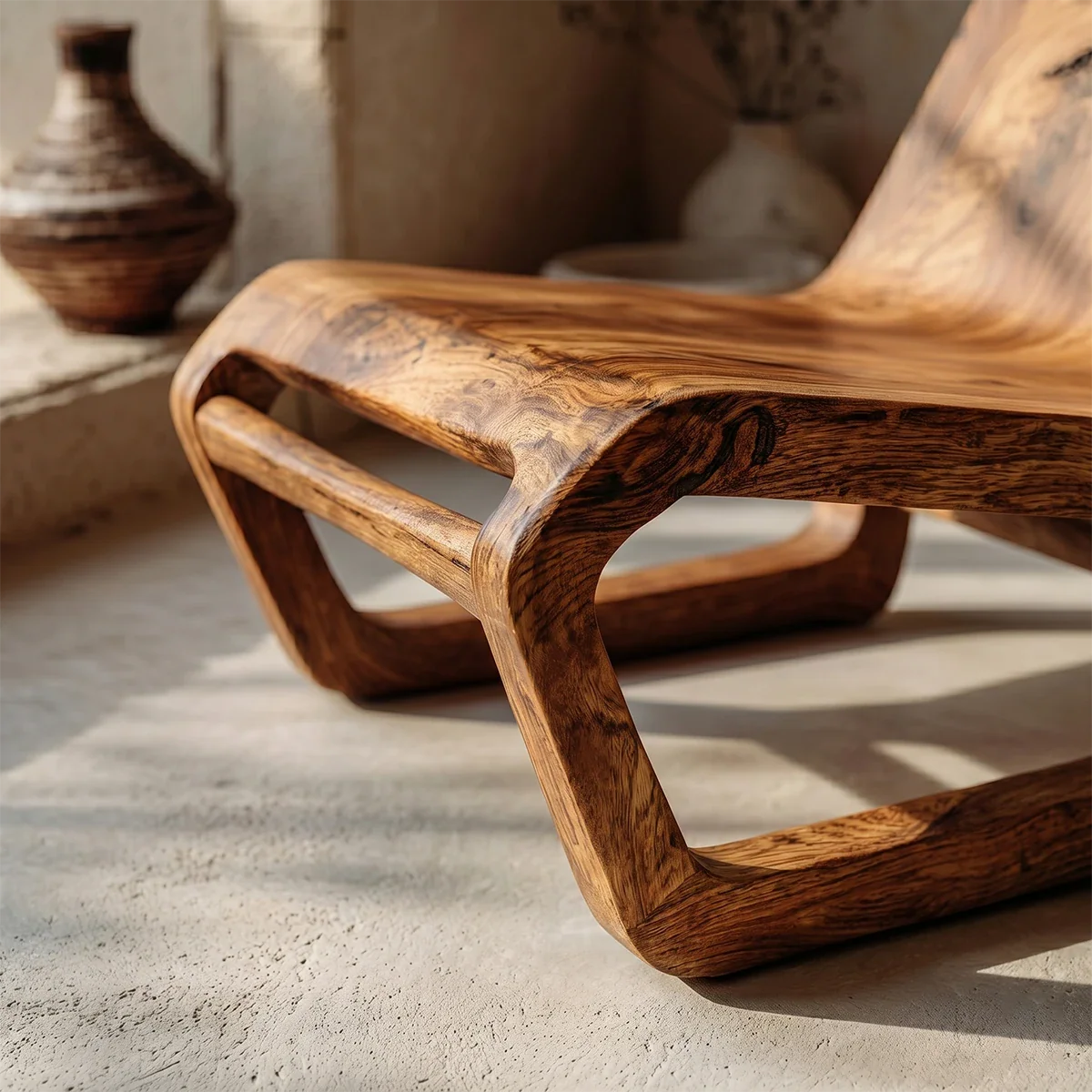 This low profile wooden chair features an organic silhouette ideal for minimalist home styling