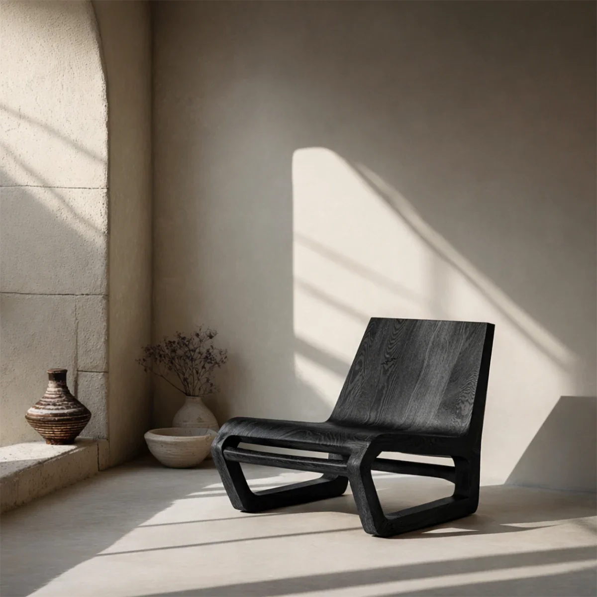 A contemporary lounge chair with open curved structure adds depth and visual interest indoors