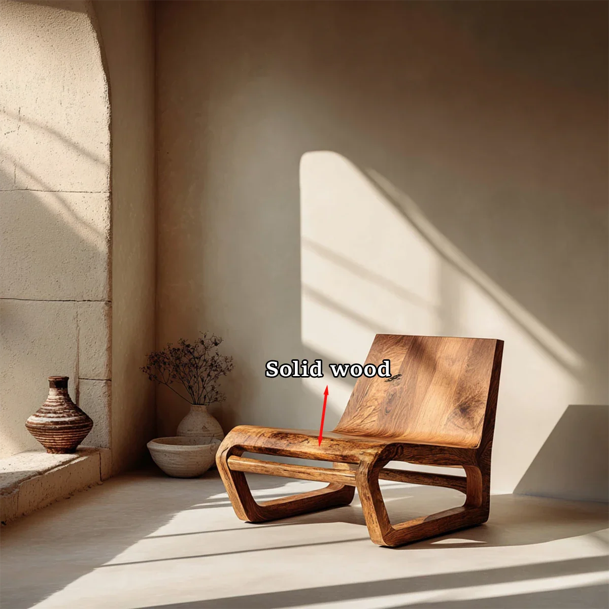 Soft lighting reveals the elegant shape of this low seating wooden chair in a modern room