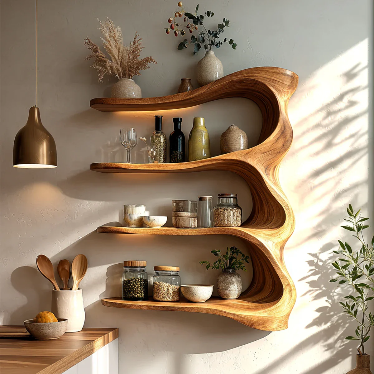 Organic kitchen wall cabinet with flowing wood shelves and open storage for modern interiors