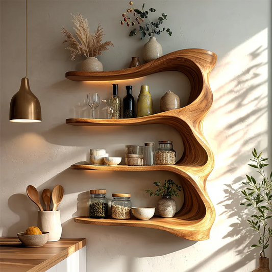Organic kitchen wall cabinet with flowing wood shelves and open storage for modern interiors