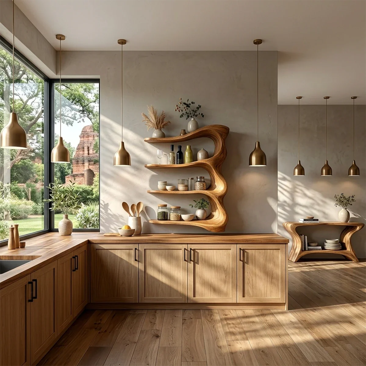 Sculptural wall kitchen shelving unit with curved wood design and multi level open storage
