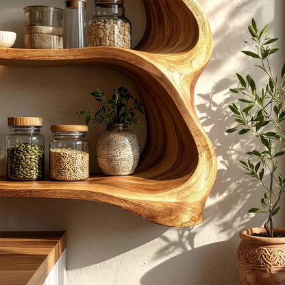 Contemporary kitchen cabinet with organic shape and open wood shelves for display storage