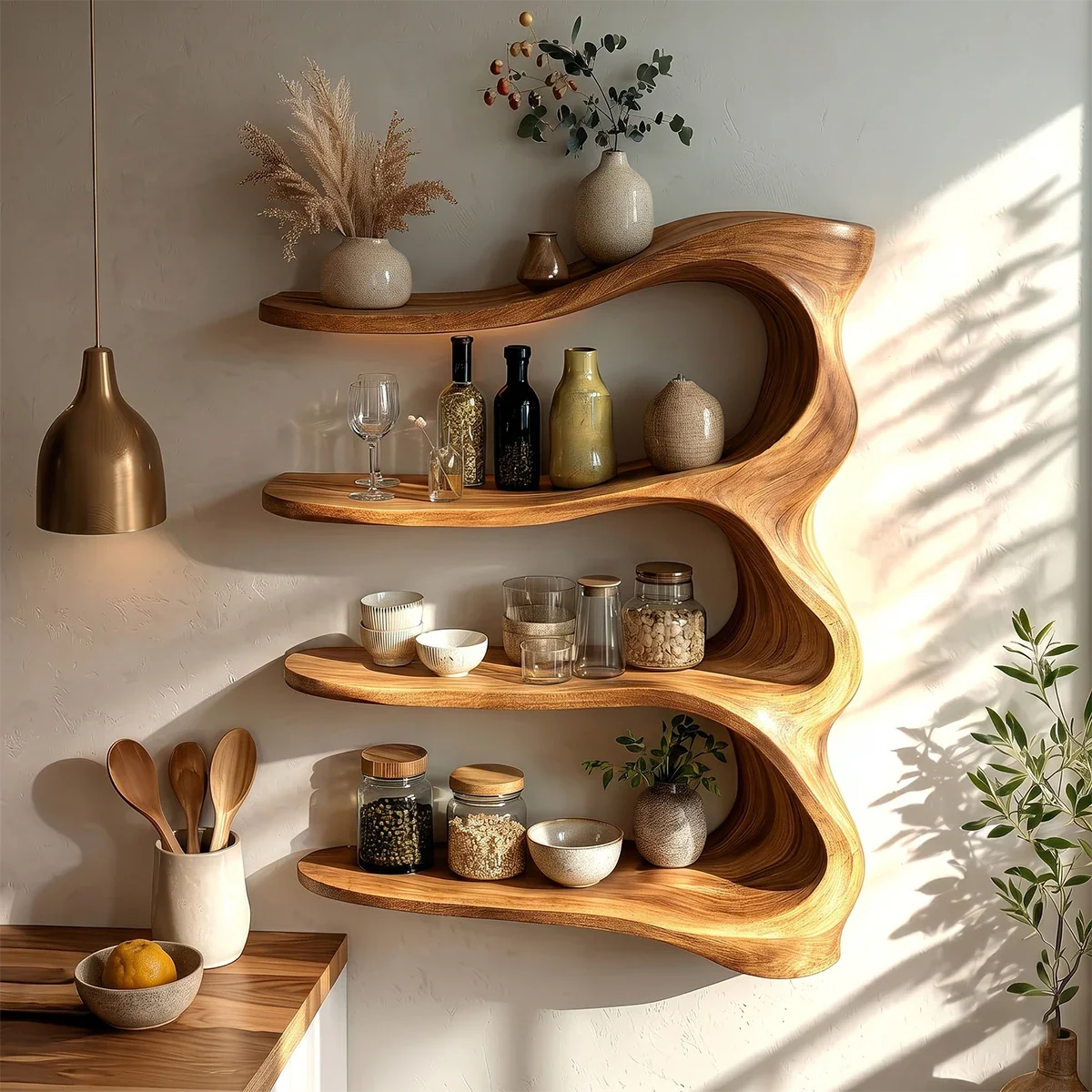 Artistic kitchen wall storage featuring fluid wood form and layered open shelving system
