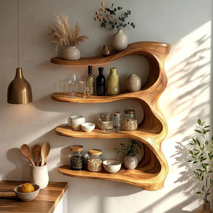 Artistic kitchen wall storage featuring fluid wood form and layered open shelving system