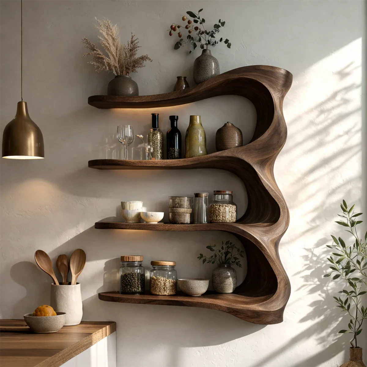 Modern floating kitchen cabinet with curved wood structure and functional open shelves