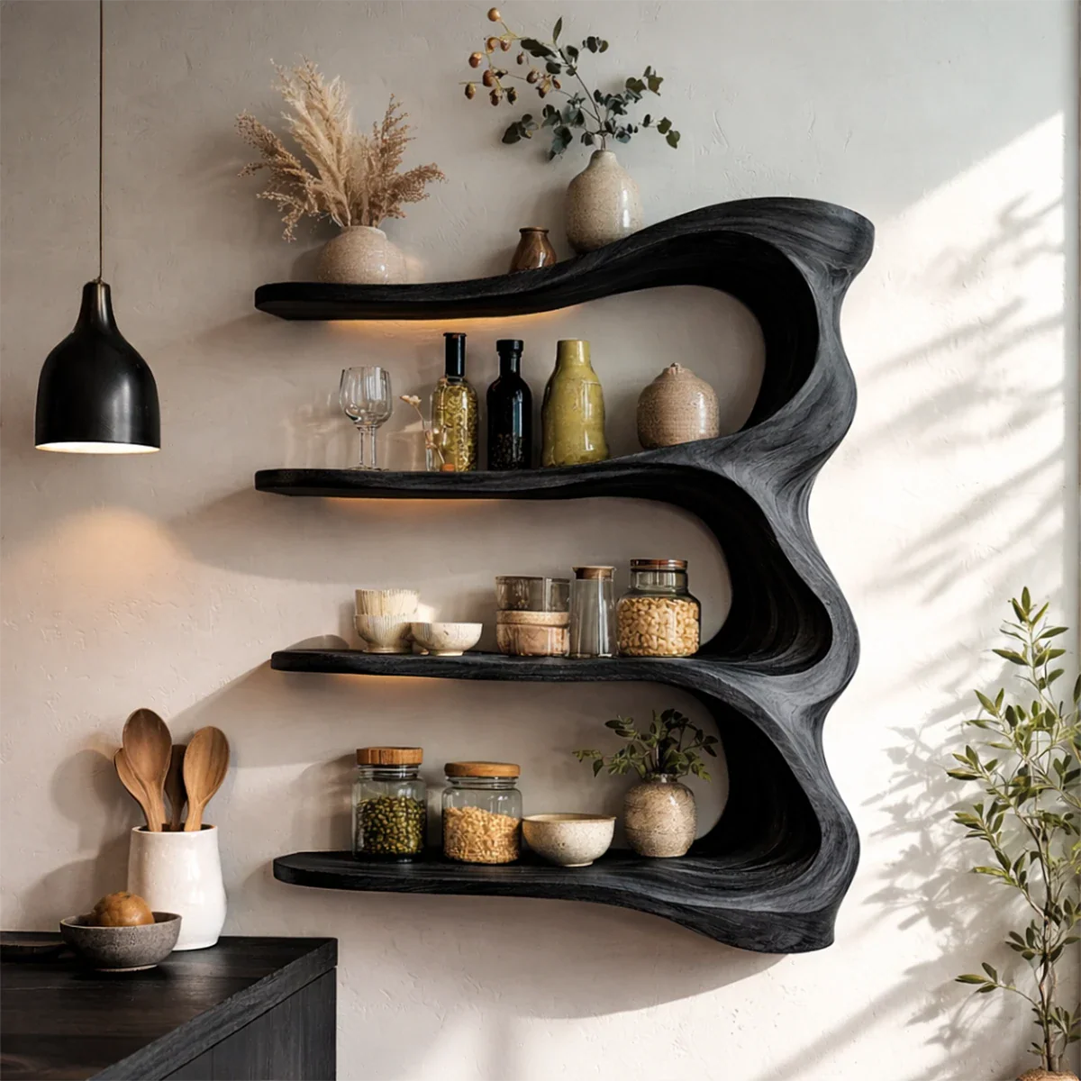 Minimalist kitchen wall cabinet with sculpted wood lines and open display shelving