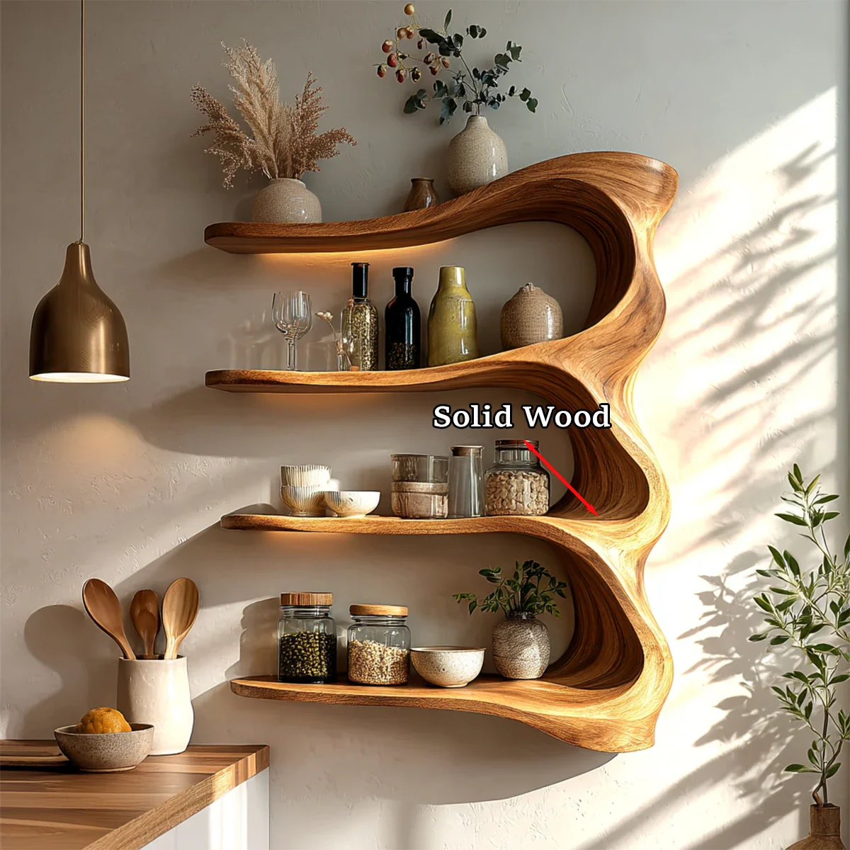 Designer kitchen storage unit with flowing wood form and multi tier open shelf arrangement