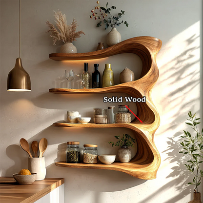 Designer kitchen storage unit with flowing wood form and multi tier open shelf arrangement
