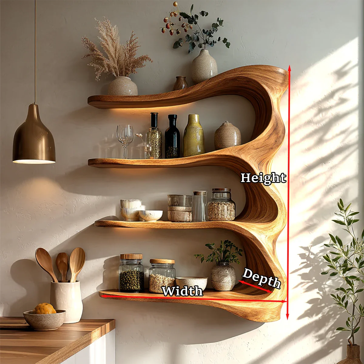 Elegant kitchen cabinet with curved natural wood shelving and open storage for essentials
