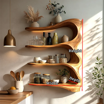 Elegant kitchen cabinet with curved natural wood shelving and open storage for essentials