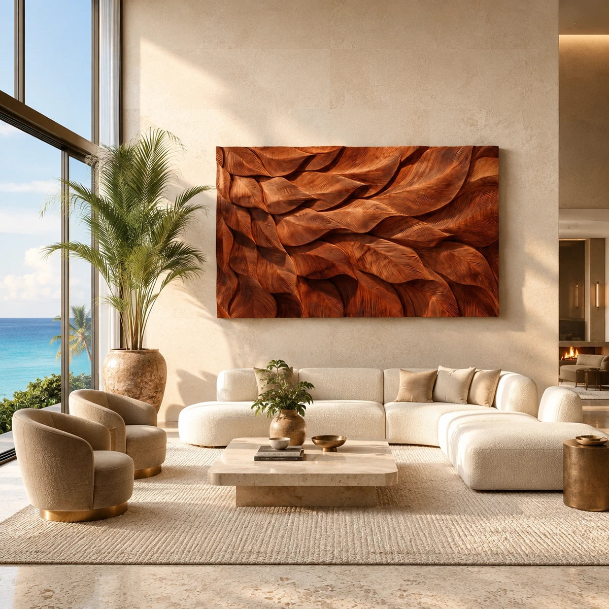 Abstract wall art with layered carved forms adds depth to a refined modern living room