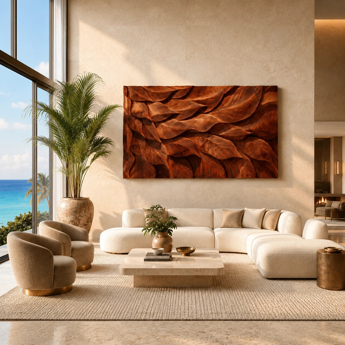 Textured wall decor with carved shapes creates a bold architectural focal point indoors