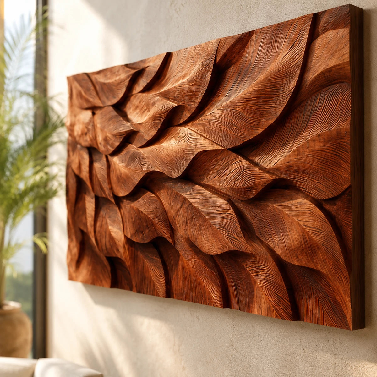 Layered wall sculpture with organic relief adds visual rhythm above a spacious sofa